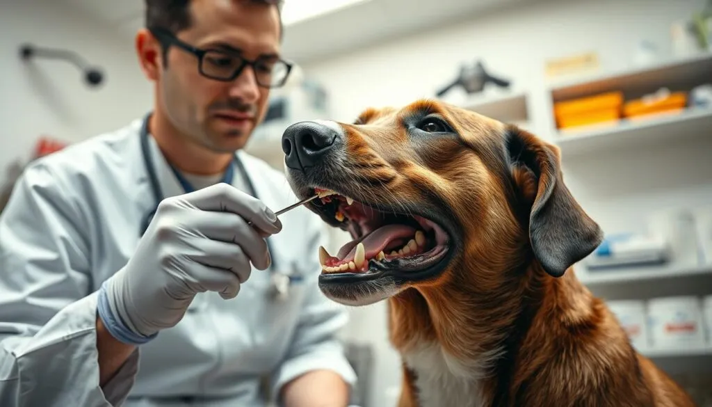 A veterinarian examining a dog's teeth in a well-lit examination room. The dog sits patiently as the vet carefully inspects each tooth, using a dental mirror and probe to check for any irregularities or abnormalities. The vet's face is focused, conveying a sense of professionalism and expertise. The dog's head is turned slightly, revealing its open mouth and the veterinarian's gloved hands delicately examining the teeth. In the background, medical equipment and shelves filled with supplies suggest a modern, well-equipped veterinary clinic. The scene is captured with a Sony A7R IV camera, using a polarizer filter to enhance contrast and clarity, resulting in a sharply defined, hyperrealistic image that illustrates the importance of dental health in dogs.