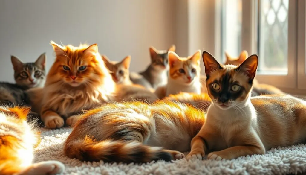 A vibrant array of feline fur patterns in a sleek, high-contrast composition. Sunlight streams through a window, casting warm, golden tones on a plush rug, as various cat breeds lounge in natural poses. Glossy coats in shades of tabby, calico, and tortoiseshell are meticulously detailed, creating an inviting, tactile atmosphere. A Persian cat's fluffy mane frames its serene expression, while a Siamese's striking markings stand out in the foreground. The scene exudes a sense of tranquility and inspiration, inviting the viewer to imagine the perfect name for their new furry companion.