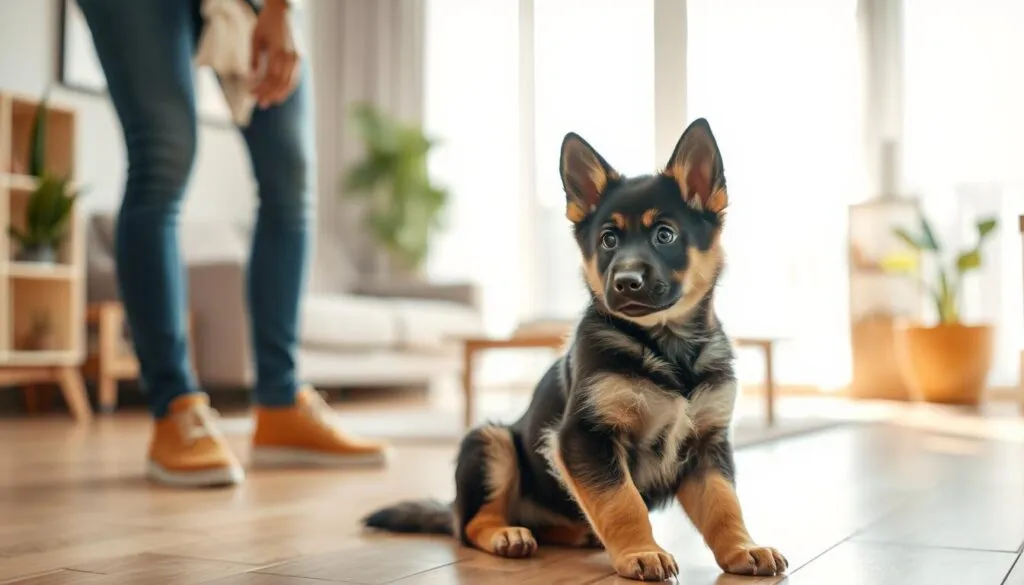 A well-trained German shepherd pup sitting obediently in a spacious, sunlit living room, its attentive gaze fixed on its owner. The dog's sleek coat and muscular build suggest a healthy, well-cared-for canine. In the background, minimalist furnishings and potted plants create a modern, serene atmosphere, highlighting the harmonious relationship between the pet and its human companion. The image conveys a sense of calm, discipline, and the rewards of responsible dog ownership within a domestic setting.