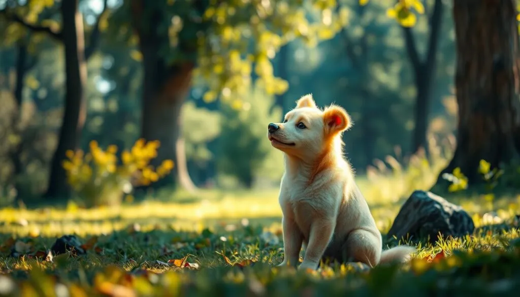 A whimsical, hyperrealistic portrait of Winnie the Pooh's forgotten canine companion, sitting peacefully in a sun-dappled forest clearing. The dog's soft, fluffy fur glistens in the warm light, its expression calm and content as it gazes off into the distance. In the background, the iconic Hundred Acre Wood unfolds, with towering trees and lush, verdant foliage creating a serene, storybook-like atmosphere. The image is crisp, sharply defined, and infused with a dreamlike, nostalgic quality, as if plucked straight from the pages of a beloved children's book.