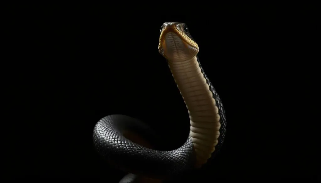 Detailed, closeup image of a coiled black mamba snake, head raised and ready to strike, set against a plain, dark background. Lighting is dramatic, with high contrast and deep shadows to emphasize the snake's menacing presence. The snake's scales are captured with precise detail, allowing the viewer to appreciate the intricate patterns and textures. The composition emphasizes the snake's power and danger, conveying a sense of foreboding and unease. Shot on Sony A7R IV, clearly focused, sharply defined, polarizer filter, Hyperrealistic image.