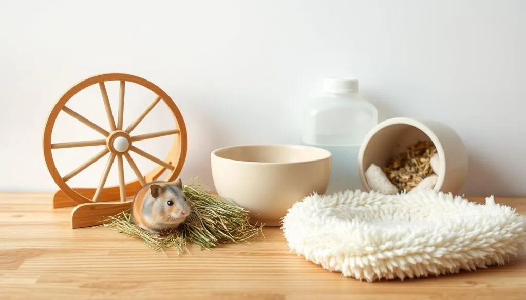 High-quality, detailed still life photograph of an assortment of hamster accessories, including a wooden exercise wheel, a ceramic food bowl, a plastic water bottle, a timothy hay feeder, and a soft, cozy bedding material, all arranged on a natural wooden surface with a plain white background. The objects are evenly lit from above with soft, natural lighting, creating a clean and minimalist aesthetic. The focus is sharp, and the textures and materials are clearly defined, resulting in a visually appealing and informative image.