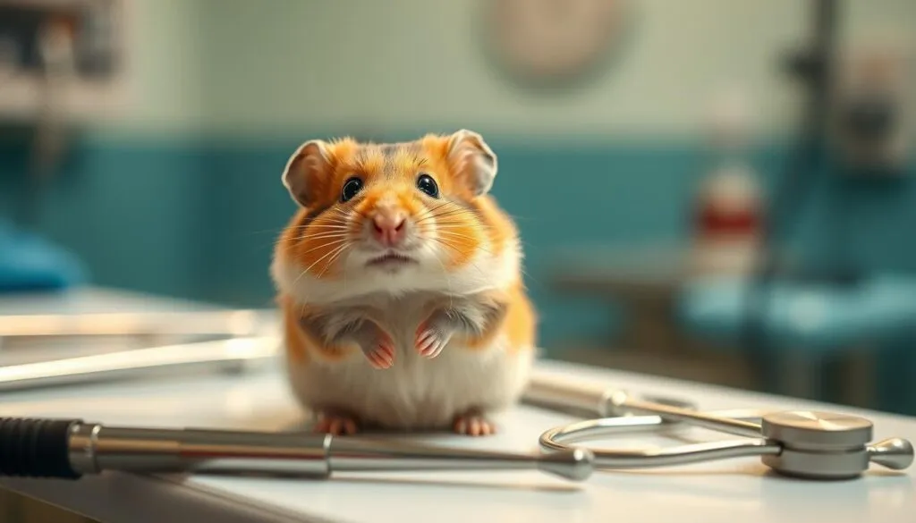 Shot on Sony A7R IV, a hamster sitting on a veterinarian's examination table, clearly focused, sharply defined with a polarizer filter, creating a hyperrealistic image. The hamster's fur is meticulously detailed, its large eyes and inquisitive expression conveying a sense of trust. The examination table is clean and sterile, with stainless steel instruments neatly arranged. The background is blurred, allowing the viewer to focus on the hamster and the veterinary setting. Soft, diffused lighting casts a warm, calming atmosphere, highlighting the hamster's delicate features.