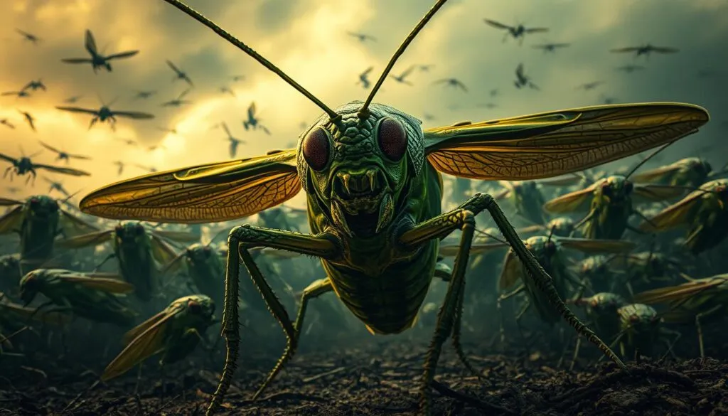 Towering hordes of massive, green-hued locusts swarm menacingly against a dramatic, stormy sky. Mandibles clashing, wings rustling, these formidable creatures emit an earsplitting cacophony that echoes across the blighted landscape. Backlighting illuminates the rough, textured carapaces, casting ominous shadows that accentuate their imposing presence. A lone, colossal locust, the undisputed king of this screeching horde, dominates the frame with its gaping maw and piercing, compound eyes. Captured with a Sony A7R IV, this hyperrealistic image utilizes a polarizer filter to enhance clarity and definition, conveying the sheer terror of the locust's deafening call.