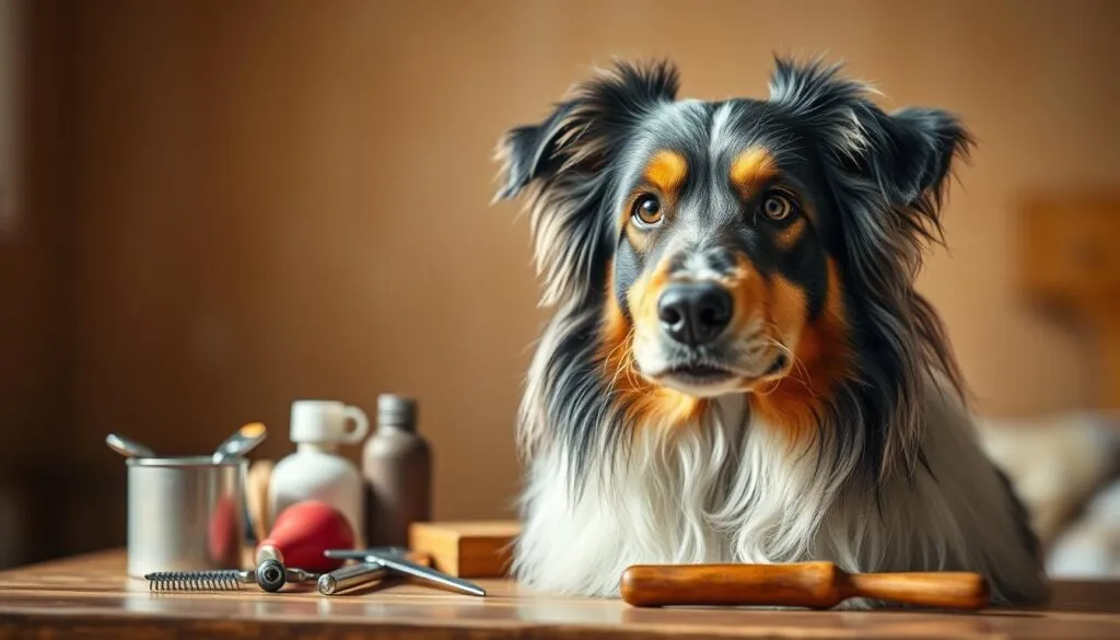 A close-up portrait of a majestic Appenzeller Sennenhund, its fur gleaming in the soft natural light. The dog's expressive eyes and alert posture convey a sense of intelligence and vigor. In the middle ground, grooming tools and supplies are neatly arranged, hinting at the diligent care required to maintain the breed's distinctive long, silky coat. The background features a warm, earthy palette, suggesting a cozy, domestic setting where the dog's health and wellbeing are the top priority. The image captures the essence of the Appenzeller Sennenhund's Gesundheitspflege, or health and wellness, in a visually captivating and informative manner. A close-up portrait of a majestic Appenzeller Sennenhund, its fur gleaming in the soft natural light. The dog's expressive eyes and alert posture convey a sense of intelligence and vigor. In the middle ground, grooming tools and supplies are neatly arranged, hinting at the diligent care required to maintain the breed's distinctive long, silky coat. The background features a warm, earthy palette, suggesting a cozy, domestic setting where the dog's health and wellbeing are the top priority. The image captures the essence of the Appenzeller Sennenhund's Gesundheitspflege, or health and wellness, in a visually captivating and informative manner.
