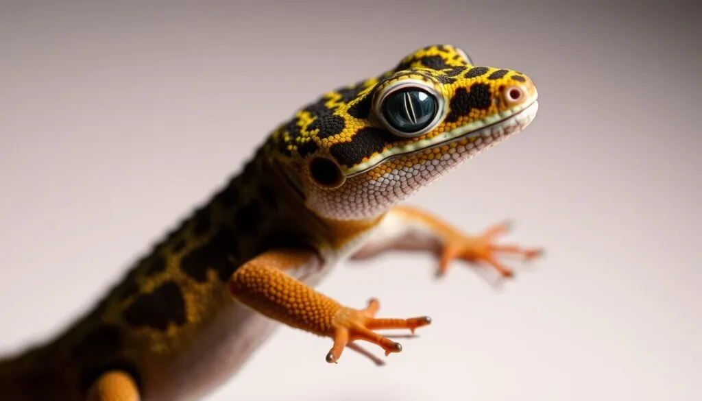 A close-up shot of a Kronengecko, or crown gecko, meticulously focused and sharply defined, showcasing its intricate patterns and vibrant colors. The reptile is positioned against a plain, neutral background, allowing its features to take center stage. Soft, diffused lighting illuminates the subject, casting subtle shadows that accentuate the gecko's three-dimensional form. The image is captured with a Sony A7R IV camera, using a polarizer filter to enhance the natural hues and textures. The result is a hyperrealistic, visually striking depiction of the Kronengecko, perfectly suited to illustrate the 
