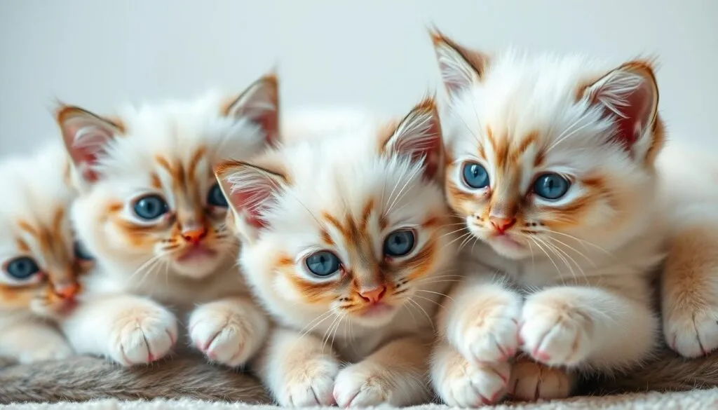 A closeup shot of a litter of adorable Birman kittens, their soft, plush coats shimmering in the gentle studio lighting. The kittens are nestled together, their big, expressive eyes and delicate features capturing the viewer's attention. The scene is framed with a clean, minimalist background, allowing the kittens to be the focal point. The image is crisp, detailed, and hyperrealistic, showcasing the unique characteristics of this breed - the striking blue eyes, the distinctive white paws, and the silky, fawn-colored fur. The overall mood is one of warmth, cuteness, and tranquility, perfectly suited to illustrate the section on selecting the right Birman cat. A closeup shot of a litter of adorable Birman kittens, their soft, plush coats shimmering in the gentle studio lighting. The kittens are nestled together, their big, expressive eyes and delicate features capturing the viewer's attention. The scene is framed with a clean, minimalist background, allowing the kittens to be the focal point. The image is crisp, detailed, and hyperrealistic, showcasing the unique characteristics of this breed - the striking blue eyes, the distinctive white paws, and the silky, fawn-colored fur. The overall mood is one of warmth, cuteness, and tranquility, perfectly suited to illustrate the section on selecting the right Birman cat.