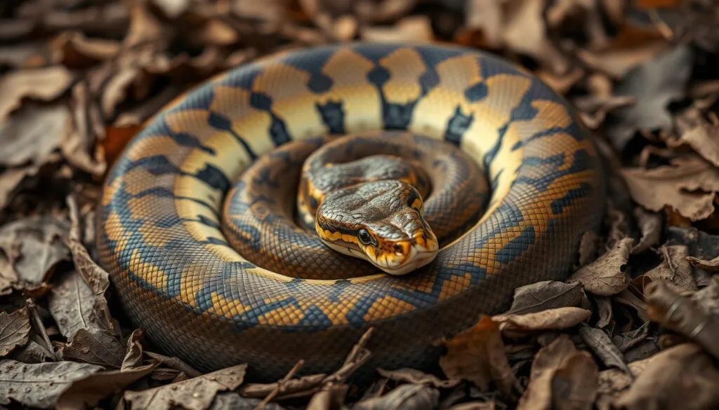 A coiled Royal Python resting on a bed of dried leaves, its intricate scales glistening in the soft, diffused light. The snake's head is tucked into its coils, eyes closed, in a deep state of winter dormancy. The scene is captured with a Sony A7R IV, the polarizing filter enhancing the rich, earthy tones of the surrounding environment. The image is sharply defined, with a hyperrealistic, almost tangible quality, inviting the viewer to witness the serenity of the Königspython's Winterruhe Dauer. A coiled Royal Python resting on a bed of dried leaves, its intricate scales glistening in the soft, diffused light. The snake's head is tucked into its coils, eyes closed, in a deep state of winter dormancy. The scene is captured with a Sony A7R IV, the polarizing filter enhancing the rich, earthy tones of the surrounding environment. The image is sharply defined, with a hyperrealistic, almost tangible quality, inviting the viewer to witness the serenity of the Königspython's Winterruhe Dauer.