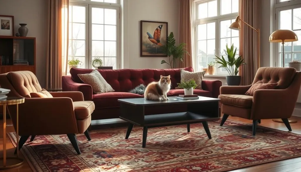 A cozy Persian cat's haven, showcasing a plush, inviting living space. A midcentury modern sofa in deep burgundy velvet anchors the room, complemented by a pair of tufted armchairs in a warm caramel hue. A large, ornate Persian rug in earthy tones grounds the scene, while a sleek, low-profile coffee table in dark walnut wood adds a touch of elegance. Sunlight streams through large windows, casting a warm glow over the space and highlighting the cat's regal presence as it lounges contentedly on the sofa. Decorative elements, such as a brass floor lamp and potted plants, create a refined, yet comfortable ambiance, tailored to the discerning feline's preferences. Shot on Sony A7R IV, clearly focused, sharply defined, polarizer filter, Hyperrealistic image.