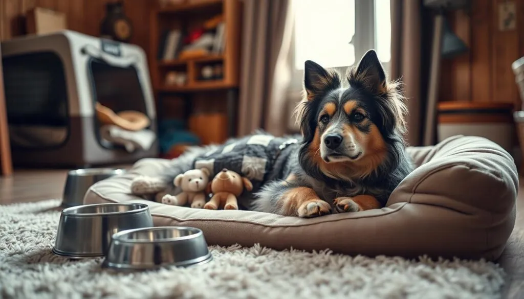 A cozy and inviting Appenzeller Sennenhund relaxing on a plush, neutral-toned dog bed, surrounded by essential supplies for the dog's arrival - a collapsible crate, bowls, toys, and grooming tools. The room is bathed in warm, diffused lighting, creating a welcoming atmosphere. The camera captures the scene from a low angle, emphasizing the dog's regal presence. The focus is sharp, and the details are hyperrealistic, showcasing the breed's distinctive features and fluffy coat. A sense of anticipation and preparation pervades the image, perfectly reflecting the article's section on getting ready for the new Appenzeller Hund. A cozy and inviting Appenzeller Sennenhund relaxing on a plush, neutral-toned dog bed, surrounded by essential supplies for the dog's arrival - a collapsible crate, bowls, toys, and grooming tools. The room is bathed in warm, diffused lighting, creating a welcoming atmosphere. The camera captures the scene from a low angle, emphasizing the dog's regal presence. The focus is sharp, and the details are hyperrealistic, showcasing the breed's distinctive features and fluffy coat. A sense of anticipation and preparation pervades the image, perfectly reflecting the article's section on getting ready for the new Appenzeller Hund.