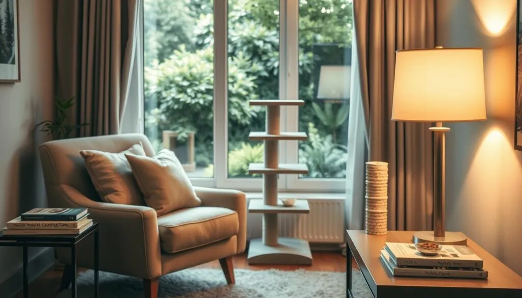 A cozy and well-equipped room sets the stage for a feline adoption. Soft lighting from a table lamp illuminates a comfortable chair, plush throw pillows, and a sturdy scratching post. On a side table, a stack of cat-care books and a small bowl of treats awaits the new arrival. In the middle ground, a sleek cat tower stands ready to provide hours of playtime and relaxation. Through a window, a lush, verdant garden offers a soothing, natural backdrop, hinting at the adventures to come. The overall scene exudes a warm, inviting atmosphere, perfectly suited for welcoming a rescued cat into its forever home. A cozy and well-equipped room sets the stage for a feline adoption. Soft lighting from a table lamp illuminates a comfortable chair, plush throw pillows, and a sturdy scratching post. On a side table, a stack of cat-care books and a small bowl of treats awaits the new arrival. In the middle ground, a sleek cat tower stands ready to provide hours of playtime and relaxation. Through a window, a lush, verdant garden offers a soothing, natural backdrop, hinting at the adventures to come. The overall scene exudes a warm, inviting atmosphere, perfectly suited for welcoming a rescued cat into its forever home.