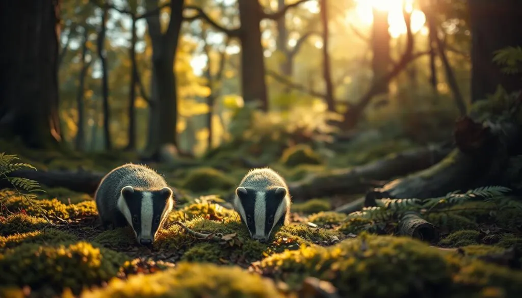 A curious badger forages in the lush, mossy underbrush of a dense, deciduous forest. Sunlight filters through the canopy of towering oak and beech trees, casting a warm, golden glow over the scene. The badger's distinctive black and white striped face peers intently as it sniffs the forest floor, searching for its next meal. In the background, ferns and fallen logs create a sense of depth and natural harmony. Shot on Sony A7R IV, clearly focused, sharply defined, polarizer filter, Hyperrealistic image.