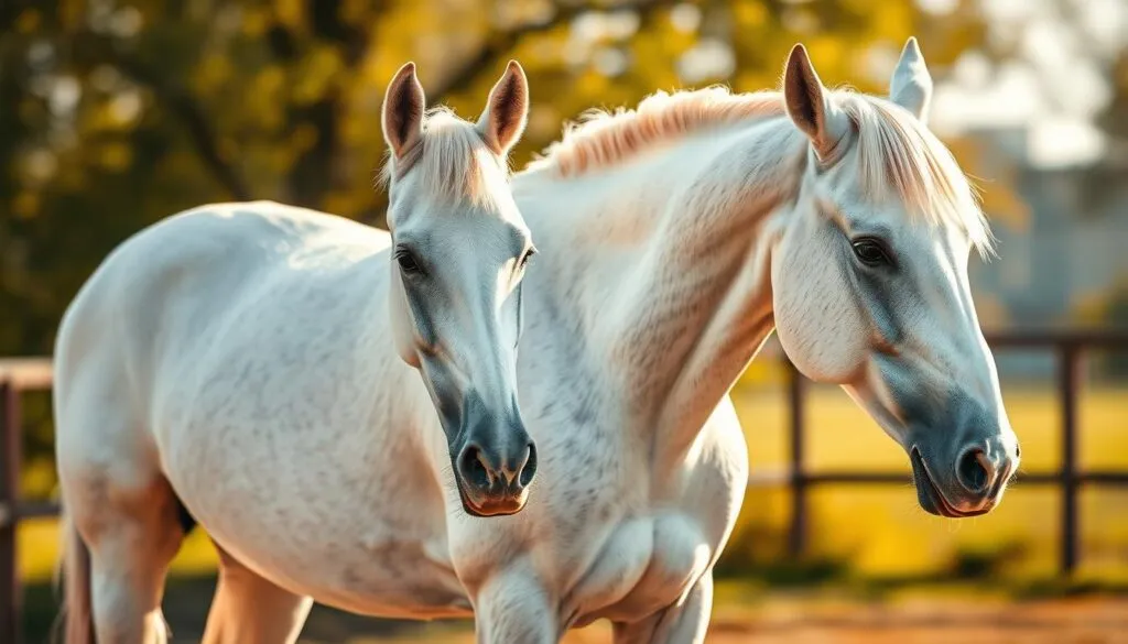 A detailed comparison of horse grooming techniques, showcasing the distinctive features of the Ralleyschnitt method. A pristine white horse stands in a natural outdoor setting, its coat glistening under the warm, natural lighting. The scene captures the intricate patterns and contours of the horse's mane and tail, meticulously groomed to highlight the unique characteristics of the Ralleyschnitt cut. The background blurs softly, drawing the viewer's attention to the horse's expressive features and the skilled craftsmanship of the grooming. Polarized lighting accentuates the horse's muscular form and the subtle nuances of its coat, creating a hyperrealistic and visually captivating image. A detailed comparison of horse grooming techniques, showcasing the distinctive features of the Ralleyschnitt method. A pristine white horse stands in a natural outdoor setting, its coat glistening under the warm, natural lighting. The scene captures the intricate patterns and contours of the horse's mane and tail, meticulously groomed to highlight the unique characteristics of the Ralleyschnitt cut. The background blurs softly, drawing the viewer's attention to the horse's expressive features and the skilled craftsmanship of the grooming. Polarized lighting accentuates the horse's muscular form and the subtle nuances of its coat, creating a hyperrealistic and visually captivating image.