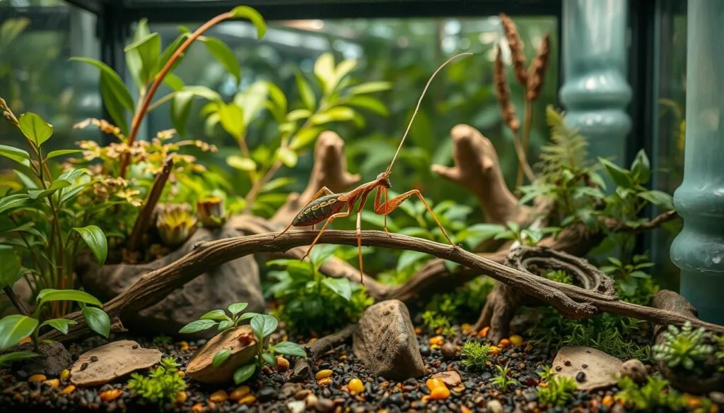 A detailed terrarium filled with a well-groomed Stabheuschrecke (stick insect). The insect is perched on a branch, its long limbs and intricate camouflage patterns clearly visible. The enclosure features lush, vibrant foliage, with a varied substrate and carefully placed decor elements. Natural lighting filters through the glass, casting soft shadows and highlighting the terrarium's pristine condition. The scene conveys a sense of order, cleanliness, and the thoughtful care required to maintain a healthy, thriving Stabheuschrecke habitat.