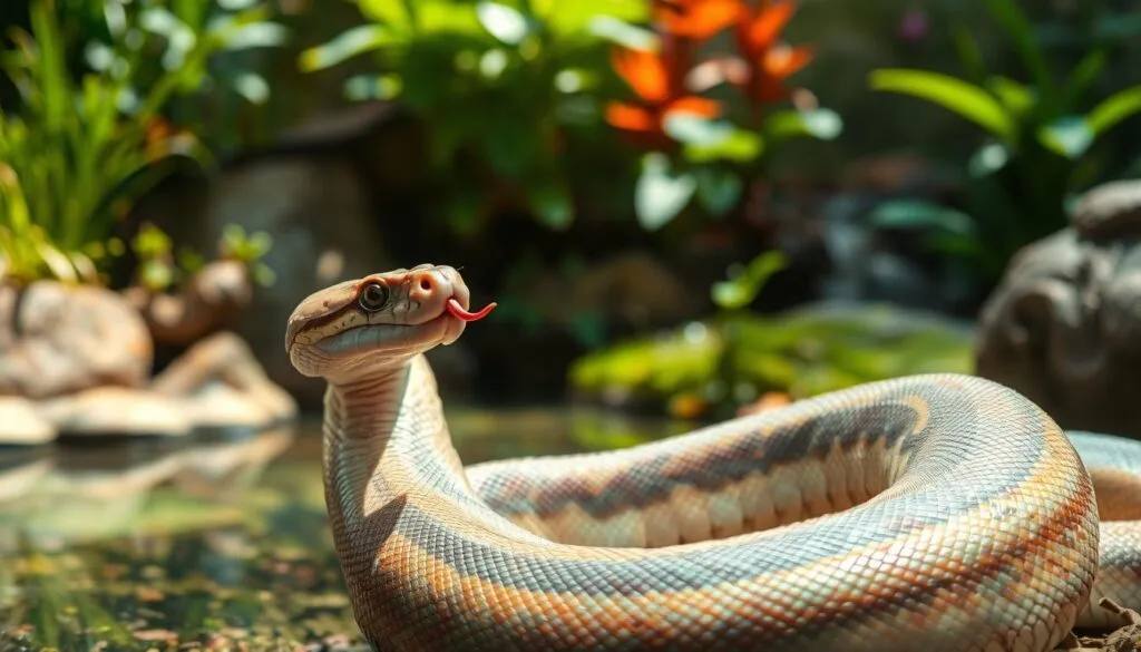 A fully alert and curious Königspython emerges from its winter slumber, its smooth, iridescent scales glistening in the warm sunlight. The snake's head is held high, tongue flicking out to explore its surroundings. In the middle ground, the snake's sinuous body coils gracefully, each scale meticulously defined. The background depicts a lush, verdant terrarium, with vibrant foliage and a shallow pool of water. Soft, diffused lighting bathes the scene, creating a natural, almost ethereal atmosphere. The overall impression is one of tranquility and renewed vitality, as the snake confidently resumes its daily activities after a period of dormancy. A fully alert and curious Königspython emerges from its winter slumber, its smooth, iridescent scales glistening in the warm sunlight. The snake's head is held high, tongue flicking out to explore its surroundings. In the middle ground, the snake's sinuous body coils gracefully, each scale meticulously defined. The background depicts a lush, verdant terrarium, with vibrant foliage and a shallow pool of water. Soft, diffused lighting bathes the scene, creating a natural, almost ethereal atmosphere. The overall impression is one of tranquility and renewed vitality, as the snake confidently resumes its daily activities after a period of dormancy.