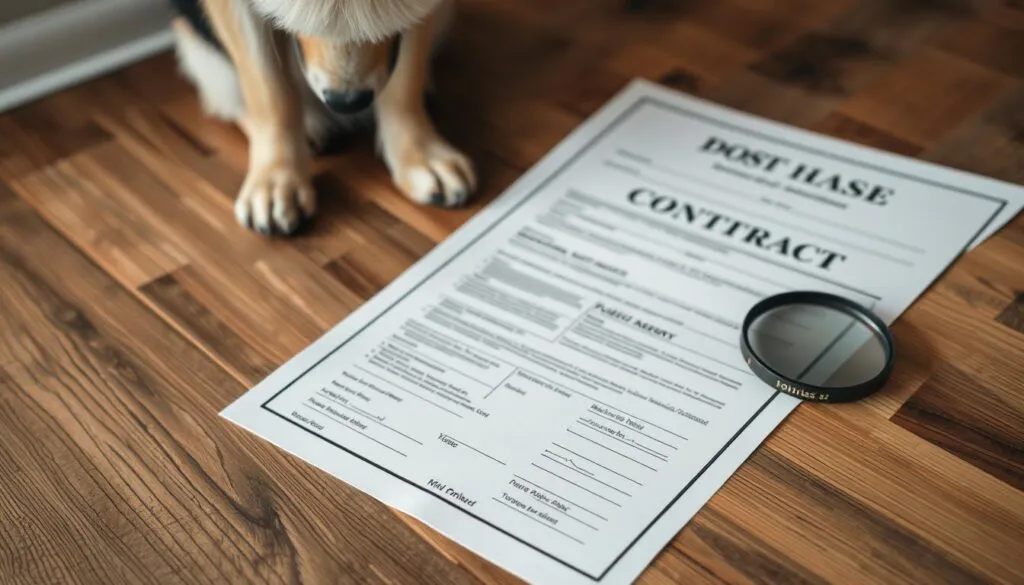 A high-quality, detailed document depicting a dog purchase contract, showcasing the health and origin of the canine. The contract papers are spread out on a wooden surface, with a well-groomed, purebred dog sitting nearby. The lighting is soft and natural, creating a sense of professionalism and attention to detail. The scene is captured with a Sony A7R IV camera, utilizing a polarizer filter to enhance clarity and depth. The overall atmosphere conveys a sense of transparency and responsible dog ownership. A high-quality, detailed document depicting a dog purchase contract, showcasing the health and origin of the canine. The contract papers are spread out on a wooden surface, with a well-groomed, purebred dog sitting nearby. The lighting is soft and natural, creating a sense of professionalism and attention to detail. The scene is captured with a Sony A7R IV camera, utilizing a polarizer filter to enhance clarity and depth. The overall atmosphere conveys a sense of transparency and responsible dog ownership.