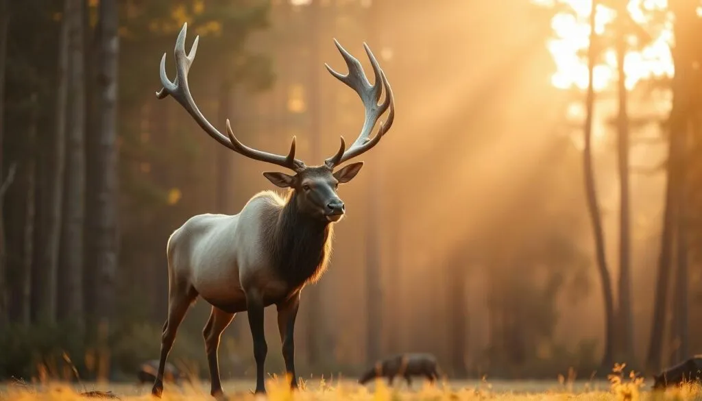 A large adult male Eurasian elk (Alces alces) stands majestic in a sunlit forest clearing, its massive antlers extending impressively outward. The elk's powerful musculature and towering stature are captured in precise detail, inviting a sense of awe and reverence. The foreground is sharply focused, while the background trees recede into a soft, atmospheric blur, drawing the viewer's attention solely to the magnificent elk. Warm, golden lighting filters through the canopy, casting a natural, captivating glow over the scene. The overall impression is one of grandeur and the sheer scale of this impressive animal, the 