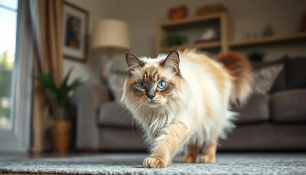 A majestic Birman cat effortlessly integrates into its new home, its striking blue eyes conveying a sense of calm curiosity. The feline gracefully navigates the living room, exploring its surroundings with gentle poise. Soft, plush fur in a warm, creamy hue complements the cat's regal bearing, while its stocky, well-proportioned frame suggests an air of confidence. Diffused, natural light filters through the window, casting a gentle glow and accentuating the cat's gentle movements as it settles into its new environment, ready to forge a strong bond with its human companions. A majestic Birman cat effortlessly integrates into its new home, its striking blue eyes conveying a sense of calm curiosity. The feline gracefully navigates the living room, exploring its surroundings with gentle poise. Soft, plush fur in a warm, creamy hue complements the cat's regal bearing, while its stocky, well-proportioned frame suggests an air of confidence. Diffused, natural light filters through the window, casting a gentle glow and accentuating the cat's gentle movements as it settles into its new environment, ready to forge a strong bond with its human companions.