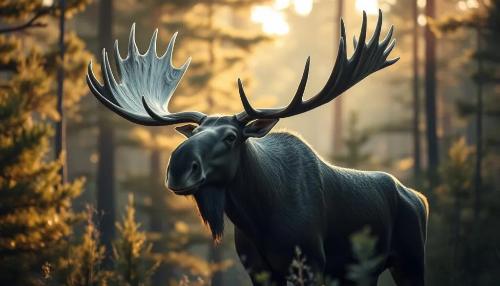 A majestic Scandinavian moose, standing tall and proud in a serene forest clearing. Its massive antlers stretch skyward, casting dramatic shadows across its weathered face. The creature's muscular frame is accentuated by the warm, golden light filtering through the canopy above, creating a captivating chiaroscuro effect. In the lush undergrowth, subtle details emerge - the texture of its coarse fur, the wrinkles of its leathery skin, the keen intelligence in its eyes. This polarized, hyperrealistic image captures the sheer scale and grandeur of the moose, the embodiment of the 