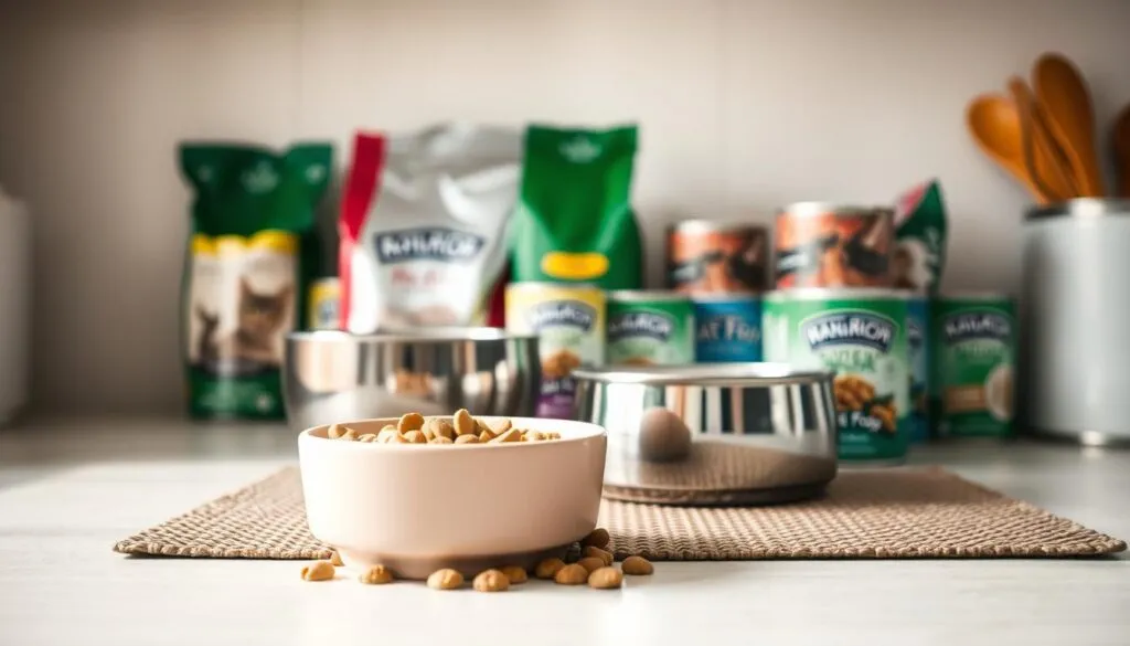 A neatly organized kitchen counter displaying various cat food cans, bowls, and bags, with a soft natural light illuminating the scene. In the foreground, a ceramic bowl filled with dry kibble sits atop a placemat, while behind it, a stainless steel water bowl reflects the surrounding details. In the middle ground, an assortment of canned cat food in different flavors is arranged, their labels prominently visible. The background features a neutral-toned wall, creating a clean and inviting atmosphere. The overall composition emphasizes the importance of providing a balanced and nutritious diet for a beloved feline companion. A neatly organized kitchen counter displaying various cat food cans, bowls, and bags, with a soft natural light illuminating the scene. In the foreground, a ceramic bowl filled with dry kibble sits atop a placemat, while behind it, a stainless steel water bowl reflects the surrounding details. In the middle ground, an assortment of canned cat food in different flavors is arranged, their labels prominently visible. The background features a neutral-toned wall, creating a clean and inviting atmosphere. The overall composition emphasizes the importance of providing a balanced and nutritious diet for a beloved feline companion.