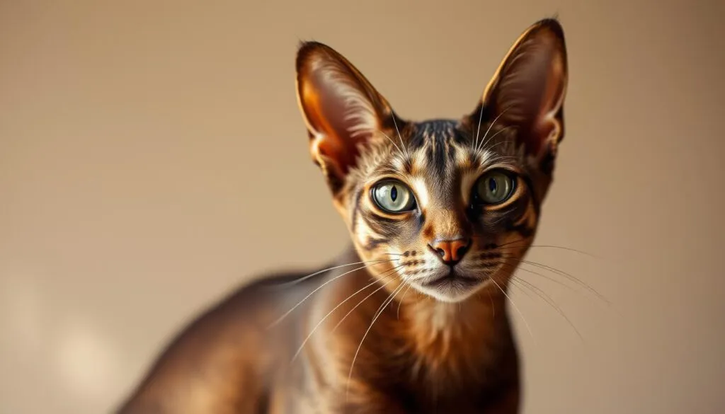 A richly detailed and elegantly composed portrait of an Oriental Shorthair cat, showcasing the breed's striking features. The feline subject is positioned centrally, with its piercing gaze and graceful posture commanding attention. The lighting is warm and soft, accentuating the cat's glossy coat and elegant features. The background is a muted, neutral tone, allowing the cat to be the focal point. The image captures the essence of the Oriental Shorthair's regal and refined appearance, perfectly suited to illustrate the 
