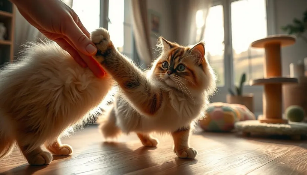 A tranquil scene of a Persian cat's socialization journey. In the foreground, a playful feline gracefully interacts with a human hand, its lush, silky fur glistening under the warm, natural lighting. The middle ground reveals a cozy, inviting living space, filled with plush toys and scratching posts, encouraging the cat's exploration and comfort. In the background, a window offers a glimpse of a serene outdoor landscape, symbolizing the importance of environmental enrichment for the cat's well-being. Shot on a Sony A7R IV with a polarizer filter, this hyperrealistic image captures the essence of responsible Persian cat ownership and the vital role of socialization in their development.