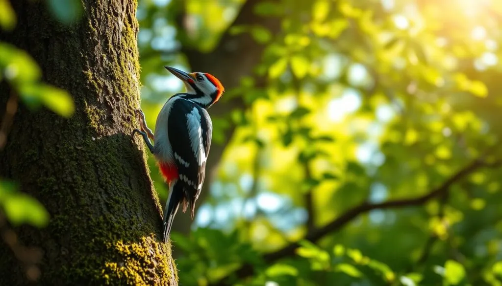 A vibrant woodland scene, a Eurasian Woodpecker (Buntspecht) perched on a mossy tree trunk, its bold black, white, and red plumage standing out against the lush, verdant foliage. The bird's keen eyes scan the surroundings, alert and ready to tap its strong beak against the bark in search of insects. Dappled sunlight filters through the canopy, casting a warm, natural glow over the entire composition. Captured with a Sony A7R IV camera, the image is sharply defined and hyperrealistic, the polarizer filter enhancing the depth and clarity of the scene. This captivating portrait showcases the Buntspecht's role in the vibrant ecosystem of the German forest.