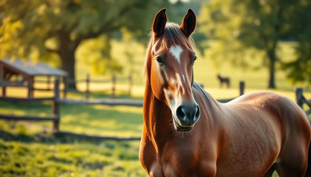 A well-groomed, chestnut brown horse standing calmly in a lush, verdant pasture, the sunlight filtering softly through the trees. The horse's coat is sleek and shiny, its mane and tail carefully trimmed in a precise, uniform Ralleyschnitt style. The horse's ears are pricked forward, its expression serene and content. In the background, a rustic wooden fence and a picturesque countryside landscape add to the tranquil atmosphere. The image is captured with a Sony A7R IV camera, using a polarizer filter to enhance the depth and clarity of the scene, resulting in a sharp, hyperrealistic depiction of the horse's post-grooming beauty. A well-groomed, chestnut brown horse standing calmly in a lush, verdant pasture, the sunlight filtering softly through the trees. The horse's coat is sleek and shiny, its mane and tail carefully trimmed in a precise, uniform Ralleyschnitt style. The horse's ears are pricked forward, its expression serene and content. In the background, a rustic wooden fence and a picturesque countryside landscape add to the tranquil atmosphere. The image is captured with a Sony A7R IV camera, using a polarizer filter to enhance the depth and clarity of the scene, resulting in a sharp, hyperrealistic depiction of the horse's post-grooming beauty.