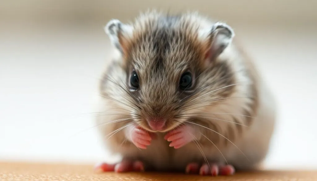 Detailed close-up of a healthy Campbell's dwarf hamster, Phodopus campbelli, engaged in self-grooming behaviors. The rodent is positioned in the center of the frame, its soft gray fur and dark markings clearly visible. Lighting is soft and directional, accentuating the hamster's delicate features. The background is blurred, allowing the subject to stand out. The image conveys a sense of tranquility and the importance of proper hygiene for the wellbeing of this small, energetic animal.
