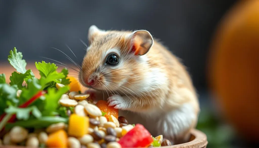 Detailed close-up shot of a Campbell's dwarf hamster (Phodopus campbelli) enjoying a healthy meal. The hamster is sitting upright in a natural feeding posture, intently focused on the food in front of it. The image showcases the rodent's distinct features - its compact body, large eyes, rounded ears, and light brown fur. The composition highlights the hamster's mouthparts as it nibbles on a variety of nutritious ingredients, including fresh greens, seeds, and small pieces of fruit. The scene is well-lit from the side, creating crisp shadows and emphasizing the hamster's texture and form. The background is blurred, allowing the viewer to concentrate on the hamster's behavior and dietary choices.