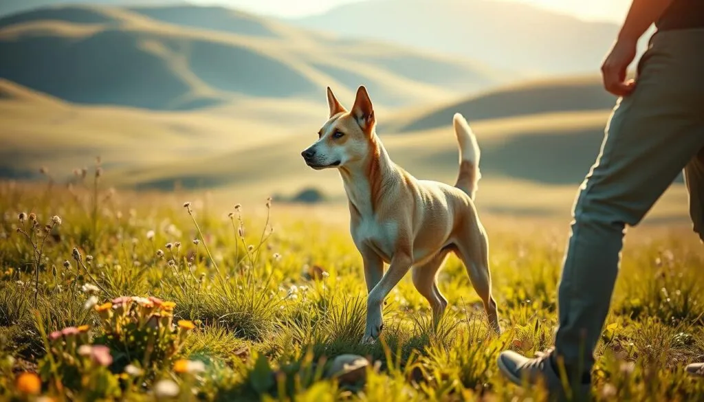 Italienisches Windspiel dog in a bright, sunlit field, attentively focused on its handler, poised and ready to execute training commands. Muscular, graceful canine body in motion, tail held high, ears perked forward. Lush green grass and wildflowers in the foreground, rolling hills in the distance. Warm, golden natural lighting accentuates the dog's elegant silhouette. Crisp, detailed texture of the dog's coat, expressive eyes filled with intelligence and eagerness to please. Calm, serene atmosphere conveying the training session's disciplined yet positive nature. Composition emphasizes the bond between handler and Italienisches Windspiel.