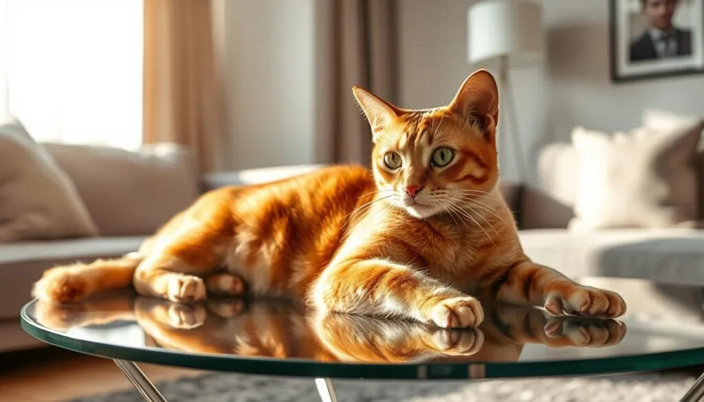 Orientalische Kurzhaarkatze lounging elegantly on a modern glass-top coffee table, bathed in warm, natural lighting filtering through sheer curtains. Sleek, muscular physique showcased in a regal pose, piercing emerald eyes surveying the stylish living room surroundings. Soft, plush fur in a rich, tawny hue complements the minimalist, monochrome decor. The cat exudes an air of refined sophistication, a testament to its place as a cherished companion in contemporary urban homes.