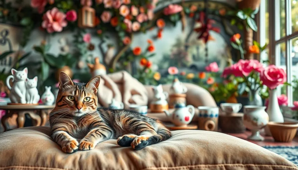 Shot on Sony A7R IV, a feline fantasy world with vibrant colors and intricate details. In the foreground, an elegant tabby cat lounges on a plush, velvet cushion, its eyes sparkling with mischief. The middle ground features a whimsical array of cat-themed decor, including ceramic figurines, a plush throw, and a set of hand-painted porcelain bowls. In the background, a lush, enchanted garden bursts with blooming flowers and lush foliage, creating a serene and magical atmosphere. Lighting is soft and diffused, with a polarizer filter adding depth and dimension to the scene. The overall impression is one of cozy, comfortable luxury, perfectly capturing the essence of 