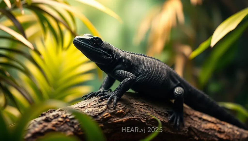 Striking melanistic Kronengecko (Gehyra vorax) in a naturalistic terrarium setting. The lizard is resting on a textured branch, its inky black skin glistening under the warm, directional lighting. The background features lush tropical foliage, creating a sense of depth and a natural habitat. The camera captures the creature in sharp focus, showcasing its intricate scales and powerful build. This hyperrealistic image evokes the unique beauty and specialized care requirements of this rare, melanistic gecko morph in the year 2025.