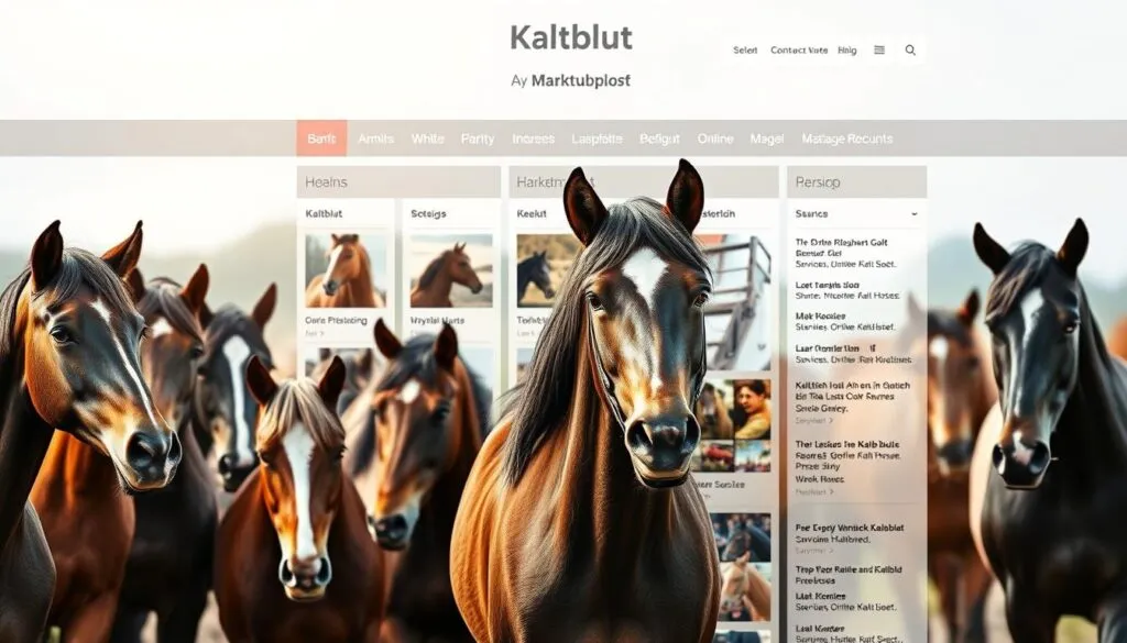 A breathtaking online marketplace displaying a diverse array of Kaltblut horses, captured with stunning detail. The foreground showcases a collection of vibrant, high-quality equine portraits, each with a captivating gaze and meticulously groomed coats. In the middle ground, a comprehensive listing of Kaltblut-related advertisements and services, presented in a clean, user-friendly interface. The background reveals a sleek, modern web design, with subtle gradients and minimalist icons that complement the natural beauty of the horses. Lit by soft, natural lighting and captured with a polarizer filter, this image exudes a sense of professionalism and expertise, perfectly reflecting the subject of the article's 