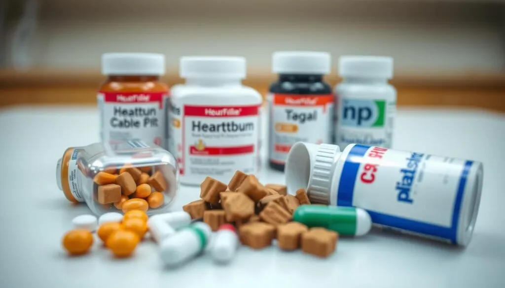 A close-up shot of various over-the-counter medications for heartburn in dogs, including tablets, capsules, and chewable treats, neatly arranged on a clean, white surface. The lighting is soft and diffused, highlighting the details of the products. The image has a clinical, informative feel, with a sense of professionalism and attention to detail. The medications are presented in a way that suggests they are the focus of the image, with the background slightly blurred to maintain the emphasis on the products. The overall mood is one of reliability and trustworthiness, reflecting the importance of proper medication for canine heartburn.