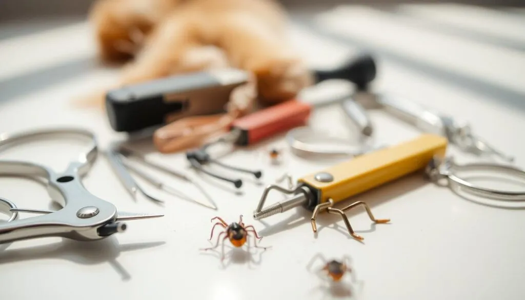 A close-up view of a variety of tools used for safely removing ticks from a dog's fur. The scene is illuminated by natural sunlight, with a polarizer filter to reduce glare and enhance contrast. The tools are arranged neatly on a clean, neutral surface, showcasing their design and purpose. The overall mood is one of precision and care, reflecting the importance of properly removing ticks to ensure the dog's health and well-being. The image is hyperrealistic, with sharp focus and vivid, lifelike details, inviting the viewer to examine the tools and understand their function.