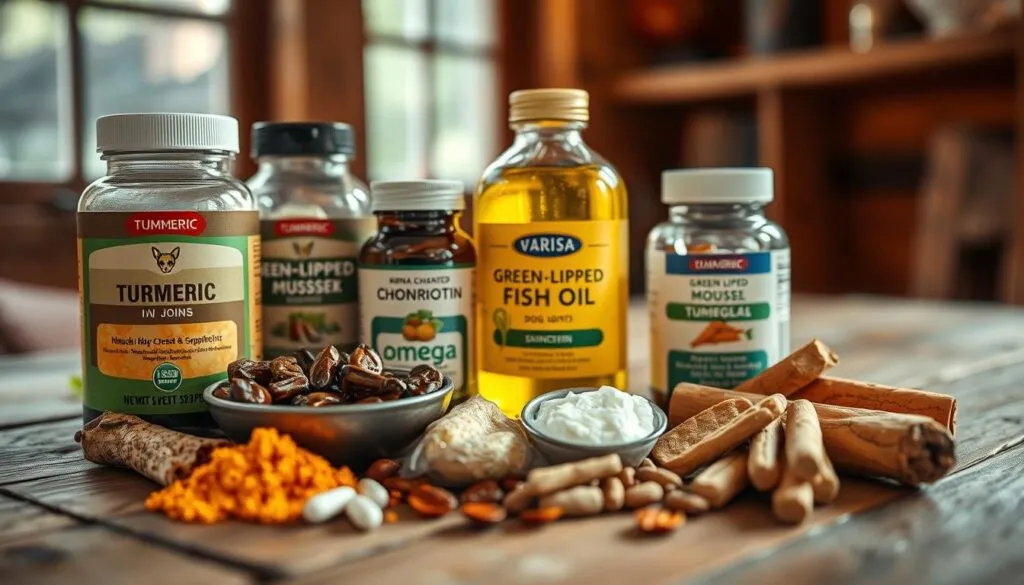 A closeup of various natural herbal remedies and supplements for healthy dog joints, including turmeric, green-lipped mussel, omega-3 fish oil, and chondroitin. The items are arranged neatly on a rustic wooden table, with natural lighting filtering in from a window, creating a warm, earthy atmosphere. The focus is sharp, and the image has a polarized, crisp look, highlighting the vibrant colors and textures of the natural ingredients. The overall scene conveys a sense of holistic, homemade solutions for supporting a dog's joint health and mobility.