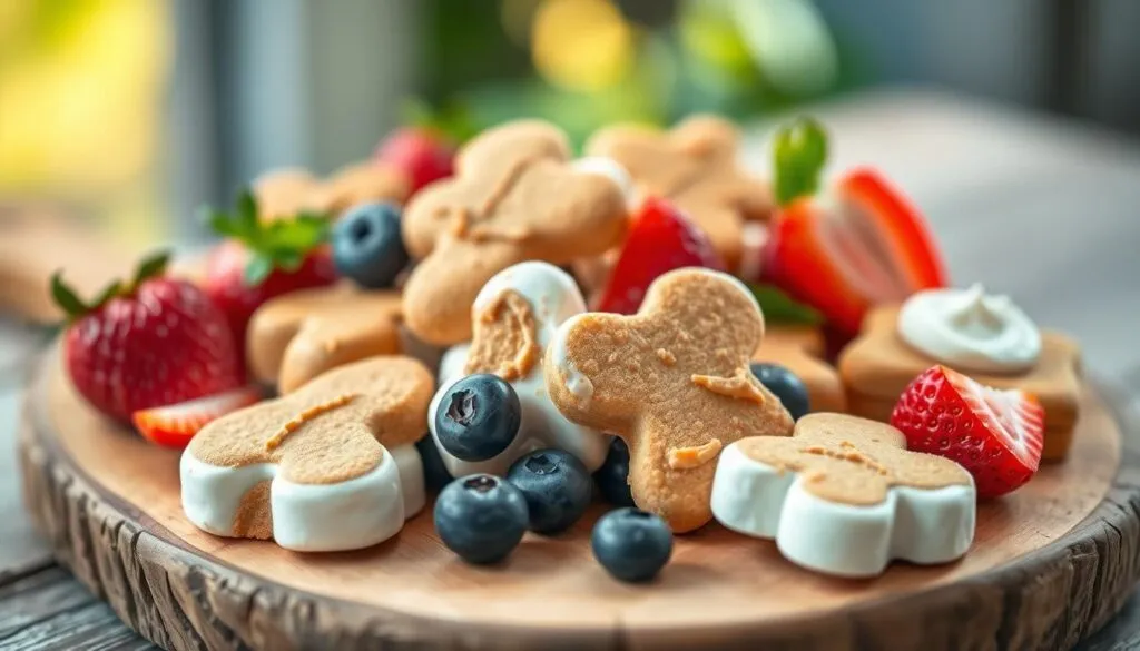 A colorful and visually appealing assortment of homemade dog yogurt treats, beautifully arranged on a wooden board. The treats are made with a variety of fresh, natural ingredients such as blueberries, strawberries, and peanut butter, creating a tempting and healthy snack for canine companions. The scene is lit with warm, natural light, capturing the vibrant colors and textures of the treats. The composition is balanced and aesthetically pleasing, inviting the viewer to imagine the delicious flavors and the joy these snacks would bring to a dog's day.