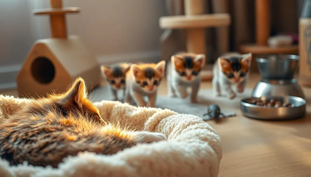A cozy and inviting scene of a typical day in the life of playful kittens. In the foreground, a fluffy tabby kitten curled up in a soft bed, bathed in warm, golden light. In the middle ground, two curious kittens chasing after a toy mouse, their movements frozen in time. In the background, a scratching post and a bowl of kibble, hinting at the routine care and activities that fill a kitten's day. The image is sharp and detailed, with a sense of depth and texture that draws the viewer in, capturing the endearing and lively nature of these young felines. A cozy and inviting scene of a typical day in the life of playful kittens. In the foreground, a fluffy tabby kitten curled up in a soft bed, bathed in warm, golden light. In the middle ground, two curious kittens chasing after a toy mouse, their movements frozen in time. In the background, a scratching post and a bowl of kibble, hinting at the routine care and activities that fill a kitten's day. The image is sharp and detailed, with a sense of depth and texture that draws the viewer in, capturing the endearing and lively nature of these young felines.