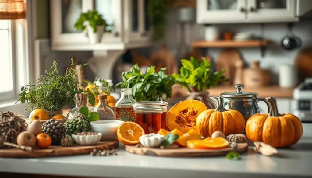 A cozy kitchen counter adorned with an array of natural remedies for canine digestion. Freshly harvested herbs, soothing teas, and probiotic-rich foods like yogurt and pumpkin sit neatly arranged, creating a comforting and informative scene. Warm lighting casts a gentle glow, highlighting the vibrant colors and textures of the natural ingredients. The scene conveys a sense of care, expertise, and a holistic approach to addressing a dog's digestive woes. Shot on a Sony A7R IV with a polarizer filter, the image is hyperrealistic, clearly focused, and sharply defined, inviting the viewer to explore the effective natural solutions for stinky dog flatulence.