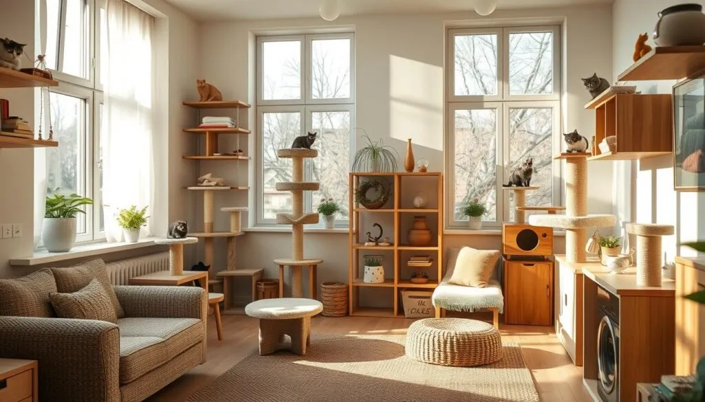 A cozy, well-equipped cat-safe home, with designated play areas, scratching posts, and comfortable perches. Sunlight filters through large windows, casting a warm glow on the plush, textured fabrics and natural wood furnishings. Shelves and cat towers provide vertical exploration, while soft beds and scratching mats invite feline relaxation. The room is meticulously cat-proofed, with hidden electrical cords and secure window screens. An array of engaging toys and interactive feeders stimulate the cat's natural curiosity and instincts. This harmonious, inviting space reflects the caretaker's thoughtful preparation for their new feline companion's arrival in Berlin.