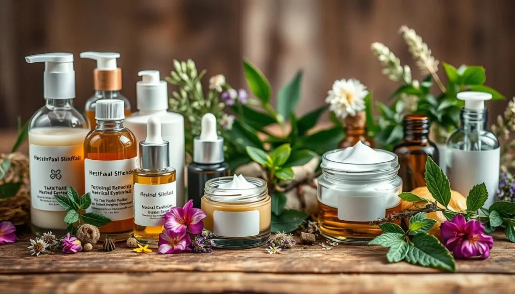 A detailed close-up view of topical skincare products and natural remedies arranged on a wooden surface. The foreground features various lotions, creams, and herbal extracts in glass bottles and jars, highlighting their textures and colors. The middle ground showcases a variety of leaves, flowers, and other botanical elements, suggesting their use in the formulations. The background is softly blurred, creating a sense of focus and depth. Captured with a Sony A7R IV camera, the image is sharply defined, with a polarizer filter enhancing the colors and details. The overall mood is one of natural, holistic skincare solutions, conveying a sense of wellness and efficacy.