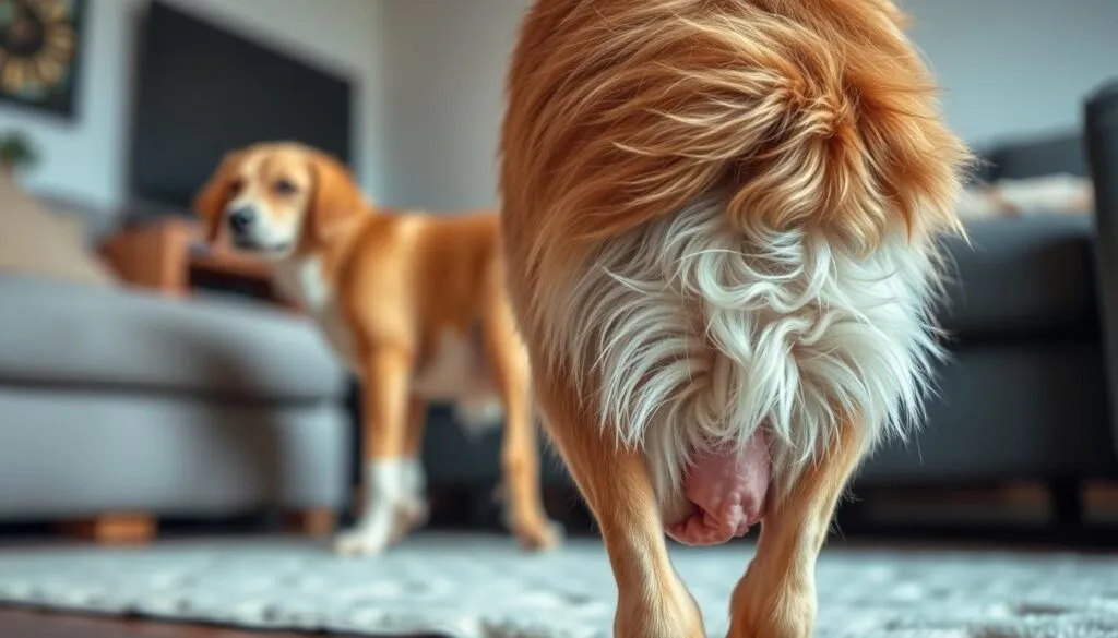 A detailed, high-resolution image of a dog experiencing digestive issues. The dog is shown in the foreground, with a close-up view of its abdomen and hindquarters. The dog's fur is ruffled, and its expression conveys discomfort. In the middle ground, the dog's posture and body language suggest it is experiencing abdominal pain or discomfort. The background is blurred, but it depicts a domestic indoor setting, such as a living room or kitchen, to suggest the dog's home environment. The lighting is soft and natural, with a polarizer filter used to enhance the details and textures. The overall mood is one of concern and empathy for the dog's well-being.