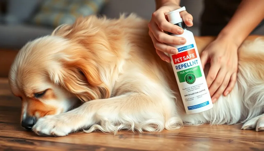 A golden retriever dog lying on a wooden surface, applying a pet-safe tick repellent spray to its coat. The dog's fur is well-groomed, and the owner's hands are gently massaging the product into the animal's skin. The lighting is natural, with soft shadows and highlights accentuating the texture of the dog's coat. The background is blurred, but hints at a cozy, domestic setting. The overall mood is one of care and attentiveness, with the dog appearing calm and relaxed. Shot on Sony A7R IV, clearly focused, sharply defined, polarizer filter, Hyperrealistic image.
