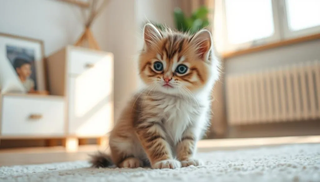A healthy and playful Siberian kitten sits in a cozy, sunlit room, gazing curiously at the camera. The kitten's soft, fluffy fur is meticulously detailed, and its bright, alert eyes capture the viewer's attention. The scene is framed by a warm, inviting interior with minimalist decor, emphasizing the kitten as the focal point. Gentle, directional lighting from a large window creates a serene, natural ambiance, casting a soft glow on the kitten's features. The image is sharply focused, with a polarizer filter adding depth and clarity to the scene, resulting in a hyperrealistic, high-quality representation of the Siberian kitten seeking a new forever home.