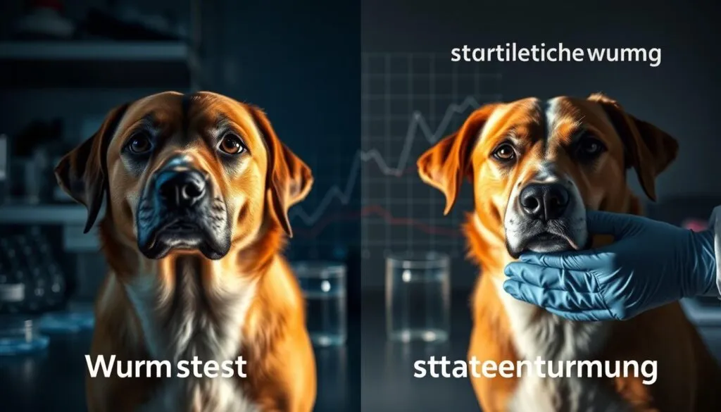 A high-contrast, detailed comparison image showcasing a side-by-side examination of two dog deworming approaches: a Wurmtests (worm testing) and strategische Entwurmung (strategic deworming). The foreground displays two dogs, one undergoing a Wurmtest and the other receiving a strategische Entwurmung treatment, their faces and expressions captured in close-up with precise detail. The middle ground features laboratory equipment, petri dishes, and analytical tools used in the respective procedures. In the background, an abstract graph or infographic visually represents the relative effectiveness and advantages of each method. Dramatic lighting casts long shadows, creating a sense of clinical precision and gravity around the subject matter. Taken with a high-resolution Sony A7R IV camera, the image has a polarized, hyperrealistic quality that underscores the seriousness and importance of this veterinary health comparison.