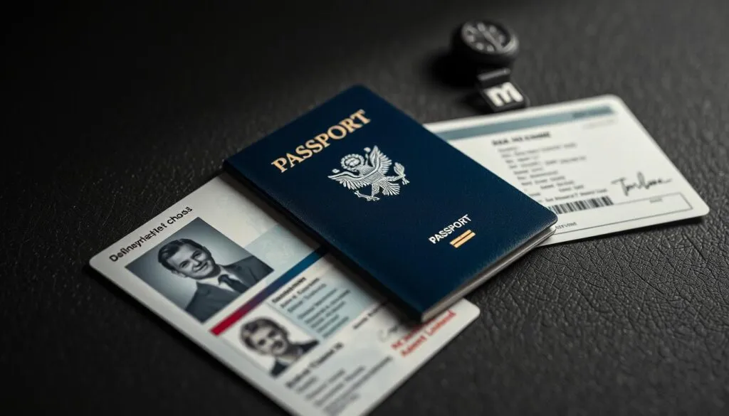A high-resolution image of a set of official identity documents, including a passport, ID card, and driver's license, meticulously displayed on a dark, textured surface. The documents are illuminated by a soft, directional light, creating subtle shadows and highlights that accentuate their intricate details. The overall composition conveys a sense of authenticity, professionalism, and attention to detail, reflecting the focus on 