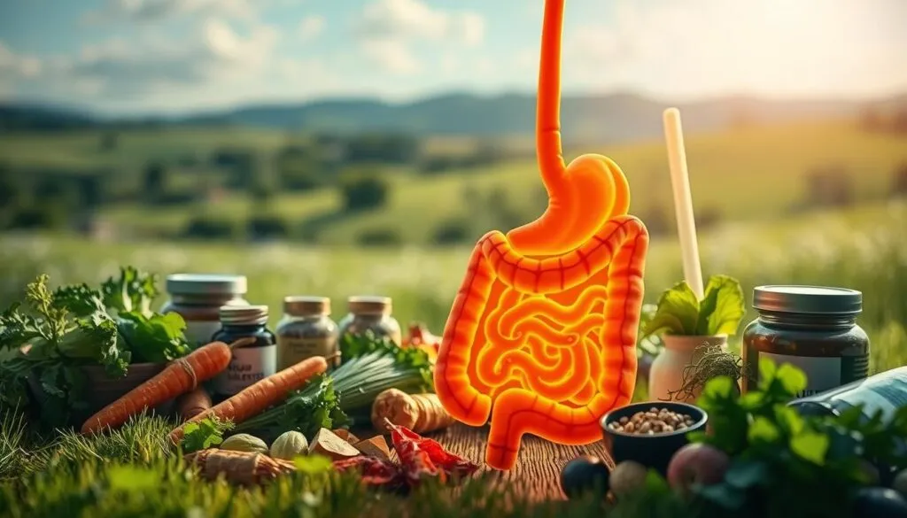 A lush, vibrant scene of a dog's digestive system, with a focus on the gut and its delicate balance. The image showcases the importance of proper nutrition and gut health for canines. In the foreground, a detailed cross-section of a dog's intestines, illuminated by a warm, natural light. The middle ground features an array of fresh, whole-food ingredients - carrots, leafy greens, probiotics, and other supplements that promote intestinal well-being. The background depicts a serene, pastoral landscape, hinting at the natural, holistic approach to canine nutrition and digestion. Shot on a Sony A7R IV, this hyperrealistic image conveys the nuanced relationship between diet and canine gut health, captured with a polarizer filter for enhanced clarity and depth.