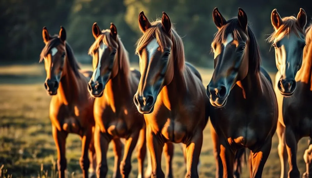 A meticulously curated selection of Kaltblut horses, each with a muscular frame and a regal bearing. The animals are captured in a natural setting, with a lush green meadow as the backdrop and a warm, golden light illuminating their coats. The image is shot from a low angle, emphasizing the powerful presence of the horses and drawing the viewer into their world. The clarity and sharpness of the image, enhanced by the use of a polarizer filter, create a sense of realism and immediacy, allowing the viewer to appreciate the intricate details of the animals' features and the quality of their fur. The overall composition is balanced and visually striking, inviting the viewer to imagine the majestic grace of these magnificent creatures.